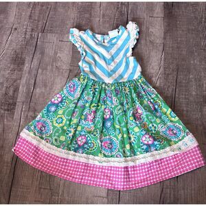 Counting Daisies Girls Dress Size 5 Multicolor Chevron & Floral Ruffle Trim